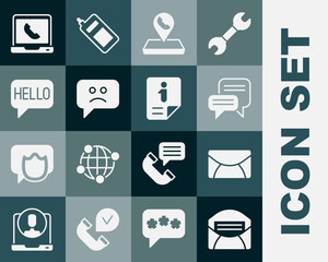 Set Mail and e-mail, Speech bubble chat, Call center location, Sad smile, Hello in different languages, Telephone 24 hours support and Information icon. Vector