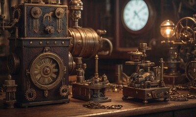 Fototapeta na wymiar Steampunk background. Mechanisms, gears, light bulbs and clocks