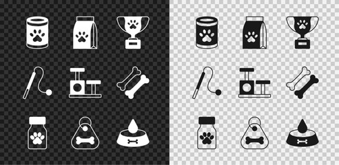 Set Canned food, Bag of for pet, Pet award symbol, Medicine bottle and pills, Dog collar with bone, bowl cat dog, toy and Cat scratching post icon. Vector