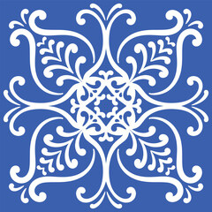 Pattern blue and white. Winter decor, snowflakes,christmas decor. Seamless pattern tile with Victorian motives.Ceramic tile in talavera style. Ornamental blue and white patterns for any decor.