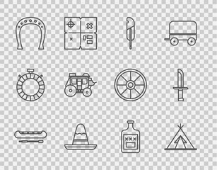 Set line Kayak or canoe and paddle, Indian teepee wigwam, Feather pen, Mexican sombrero hat, Horseshoe, Western stagecoach, Whiskey bottle and Military knife icon. Vector