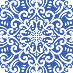 Tapeten Pattern blue and white. Winter decor, snowflakes,christmas decor. Seamless pattern tile with Victorian motives.Ceramic tile in talavera style. Ornamental blue and white patterns for any decor. © Lex_Sky
