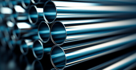 High quality galvanized steel pipe or aluminum and chrome stainless steel pipes in stack - AI generated image - obrazy, fototapety, plakaty
