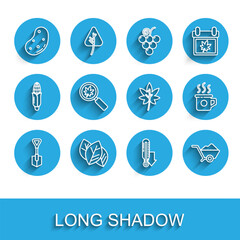 Set line Shovel, Leaf or leaves, Potato, Meteorology thermometer, Wheelbarrow with dirt, Magnifying glass leaf, Cup of tea and icon. Vector