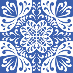 Pattern blue and white. Winter decor, snowflakes,christmas decor. Seamless pattern tile with Victorian motives.Ceramic tile in talavera style. Ornamental blue and white patterns for any decor.