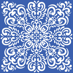 Fototapeta na wymiar Pattern blue and white. Winter decor, snowflakes,christmas decor. Seamless pattern tile with Victorian motives.Ceramic tile in talavera style. Ornamental blue and white patterns for any decor.
