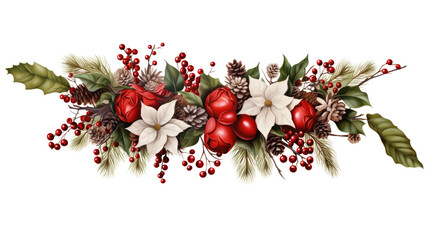 Festive Christmas wreath of fresh natural spruce branches with red holly berries isolated on transparent background. New Year Christmas seamless border. Holiday illustration - obrazy, fototapety, plakaty