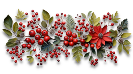 Festive Christmas wreath of fresh natural spruce branches with red holly berries isolated on transparent background. New Year Christmas seamless border. Holiday illustration