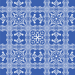 Pattern blue and white. Winter decor, snowflakes,christmas decor. Seamless pattern tile with Victorian motives.Ceramic tile in talavera style. Ornamental blue and white patterns for any decor.