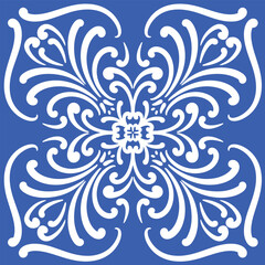 Pattern blue and white. Winter decor, snowflakes,christmas decor. Seamless pattern tile with Victorian motives.Ceramic tile in talavera style. Ornamental blue and white patterns for any decor.