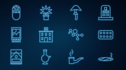 Set line Cigar with smoke, Psilocybin mushroom, Medical hospital building, Open matchbox and matches, Medicine pill or tablet, Cannabis molecule and Marijuana cannabis plant pot icon. Vector