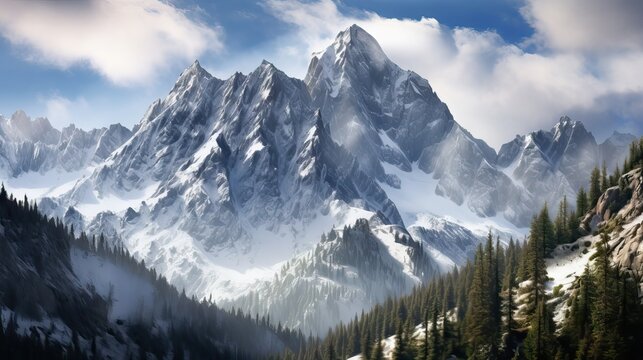 The translated description of your image is: "A beautiful mountain range with snow-covered peaks, under a blue sky with scattered clouds, Generative AI