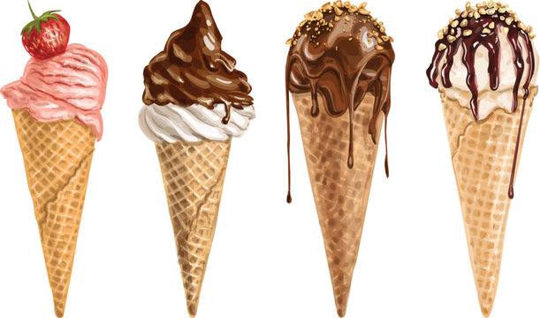 realistic water color ice cream in a cone vector illustration