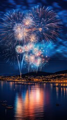 Fototapeta premium Colorful fireworks outdoors in the sky at night over coastline. New year celebration concept. Generative AI.