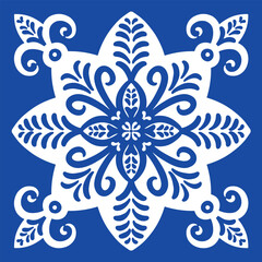 Pattern blue and white. Winter decor, snowflakes,christmas decor. Seamless pattern tile with Victorian motives.Ceramic tile in talavera style. Ornamental blue and white patterns for any decor.