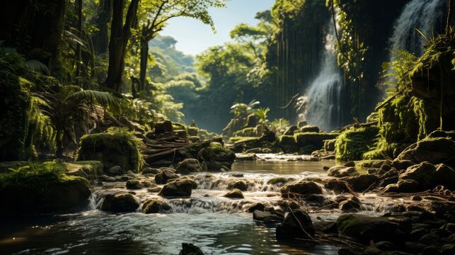 Waterfall in the jungle. Generative AI.