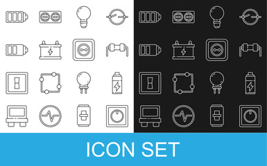 Set line Electric light switch, Battery, Resistor electricity, Light bulb with concept of idea, Car battery, charge level indicator, and Electrical outlet icon. Vector