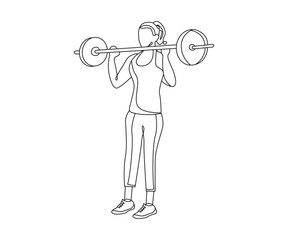 Shoulder press barbell exercise Line Drawing isolated on copy space white background, Overhead Press exercise editable vector illustration, Continuous one line drawing, work out outline clip art