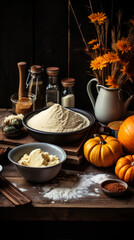 pumpkin flour and ingredients for cooking on a dark wooden background