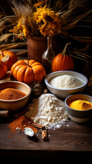 Pumpkin spice and flour for cooking on wooden table background.