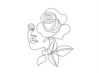Continuous one line drawing. Style templates with abstract female face and rose. Modern minimalist simple linear style. Beauty fashion design