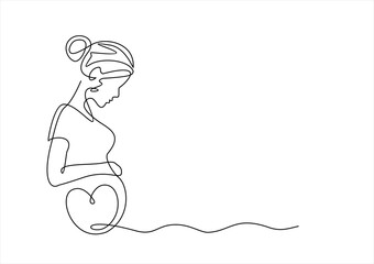 Continuous line drawing of a pregnant woman. One line drawing of a pregnant woman. Pregnant belly. Minimalist contour illustration of a happy mother. © mitay20