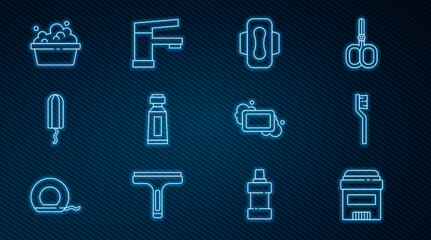 Set line Antiperspirant deodorant roll, Toothbrush, Sanitary napkin, Tube of toothpaste, tampon, Basin with soap suds, Bar and Water tap icon. Vector