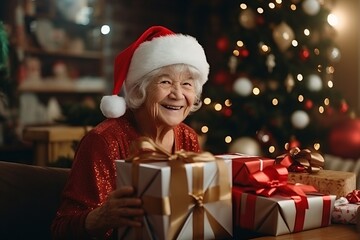 Fototapeta na wymiar Old woman dressed as Santa Claus with a gift in her hands