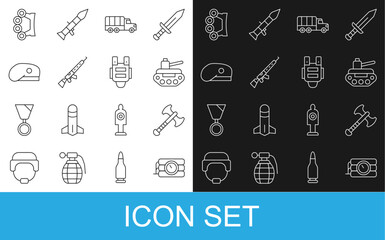 Set line Dynamite and timer clock, War axe, Military tank, truck, Sniper rifle with scope, beret, Brass knuckles and Bulletproof vest icon. Vector