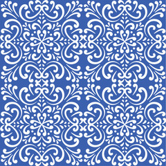 Pattern blue and white. Winter decor, snowflakes,christmas decor. Seamless pattern tile with Victorian motives.Ceramic tile in talavera style. Ornamental blue and white patterns for any decor.