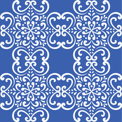 Pattern blue and white. Winter decor, snowflakes,christmas decor. Seamless pattern tile with Victorian motives.Ceramic tile in talavera style. Ornamental blue and white patterns for any decor.