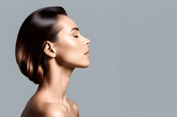 Side view of female model with healthy glowing skin and hair after skin care make-up cosmetic or luxury salon treatment on grey.