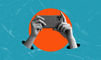 Contemporary conceptual art poster showing a hand holding a smartphone, take a picture.