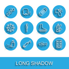 Set line Inhaler, Syringe, Human broken bone, Bone pain, Pills blister pack, Medical thermometer, Eye drop bottle and Flat foot icon. Vector