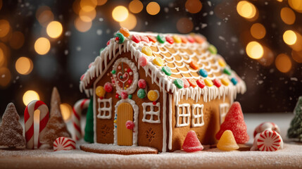 snowy and colorful gingerbread house decorated with icing and candies on a bokeh background