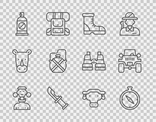 Set line African tribe male, Compass, Hunter boots, knife, Spray against insects, Canteen water bottle, buffalo head and Off road car icon. Vector