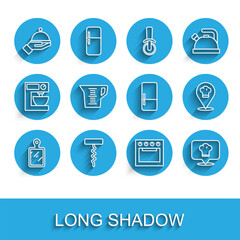 Set line Cutting board, Wine corkscrew, Covered with tray, Oven, Chef hat location, Measuring cup, and Refrigerator icon. Vector