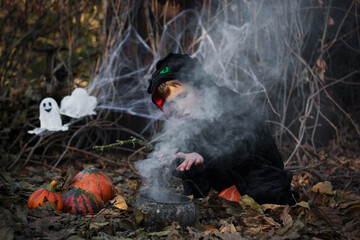 Happy Halloween. little sorcerer brews potion in witch's cauldron, casting spell. Boy having fun,...
