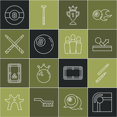 Set line Billiard table, cue, ball, Award cup, Crossed billiard cues, and Bowling pin icon. Vector