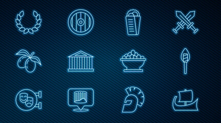 Set line Greek trireme, Torch flame, Gyros Pita, Parthenon, Olives branch, Laurel wreath, in bowl and shield icon. Vector