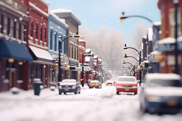 American toy town street view at snowy winter day. Neural network generated image. Not based on any actual scene.