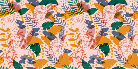 Vector seamless pattern with antique statues and tropical plants. Vector illustration