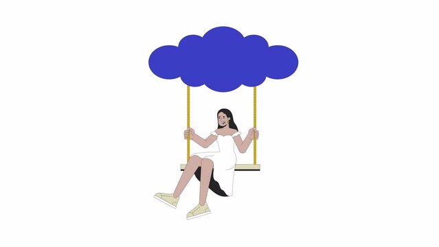 Happy girl rides on swing hanging from cloud line 2D animation. Swinging woman carefree 4K video motion graphic. Flying high. Dreams imagination linear animated cartoon flat concept, white background