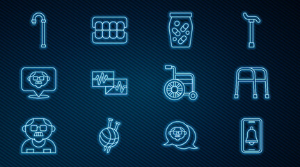 Set line Emergency phone call, Walker, Medicine bottle and pills, Monitor with cardiogram, Grandfather, Walking stick cane, Wheelchair and False jaw icon. Vector