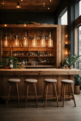 Wooden bar counter with wooden chairs and glass of beer on it