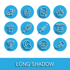 Set line Medieval goblet, Moon and stars, Hermes sandal, Skull, Psilocybin mushroom, Magic hand mirror, hat wand and Dagger icon. Vector