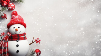 Christmas greeting background with snow and fir tree branches on wooden table.