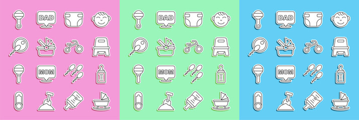 Set line Baby stroller, bottle, potty, diaper, Sperm, Rattle baby toy and Bicycle for kids icon. Vector