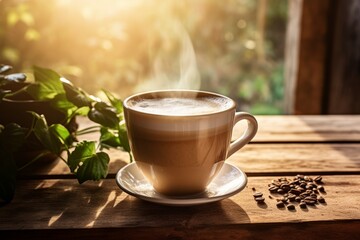 Morning Bliss: A cup of frothy vanilla mint coffee basking in the warm sunlight on a rustic table