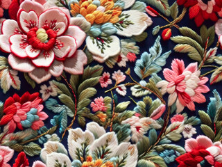 Seamless realistic embroidery floral pattern design. Generative ai